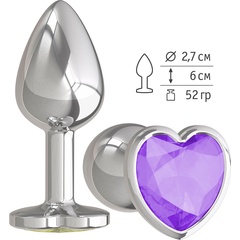  Серебристая анальная втулка с фиолетовым кристаллом-сердцем 7 см 