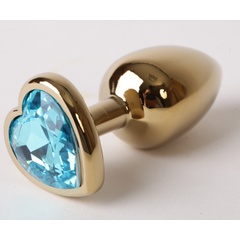  Золотистая анальная пробка с голубым кристаллом-сердцем 9 см 