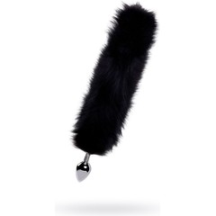  Большая серебристая металлическая анальная втулка с черным лисьим хвостом 