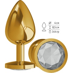  Золотистая большая анальная пробка с прозрачным кристаллом 9,5 см 