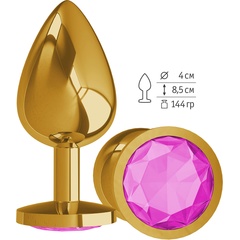  Золотистая большая анальная пробка с розовым кристаллом 9,5 см 