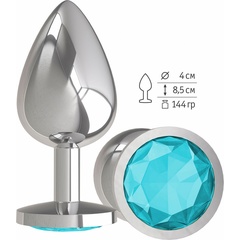  Серебристая большая анальная пробка с голубым кристаллом 9,5 см 