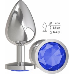  Серебристая большая анальная пробка с синим кристаллом 9,5 см 