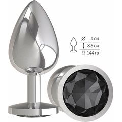  Серебристая большая анальная пробка с чёрным кристаллом 9,5 см 