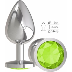  Серебристая большая анальная пробка с лаймовым кристаллом 9,5 см 