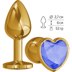  Золотистая анальная втулка с синим кристаллом-сердцем 7 см 