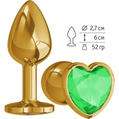  Золотистая анальная втулка с зеленым кристаллом-сердцем 7 см 