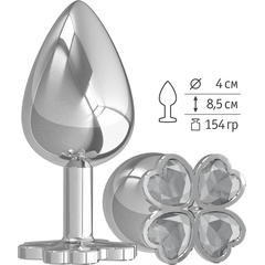  Серебристая анальная пробка-клевер с прозрачным кристаллом 9,5 см 