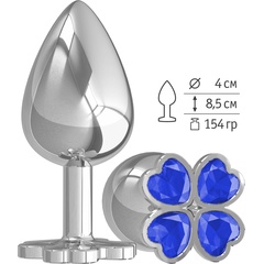  Серебристая анальная пробка-клевер с синим кристаллом 9,5 см 