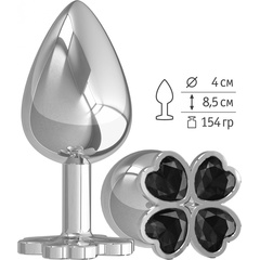  Серебристая анальная пробка-клевер с черным кристаллом 9,5 см 