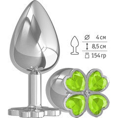  Серебристая анальная пробка-клевер с салатовым кристаллом 9,5 см 