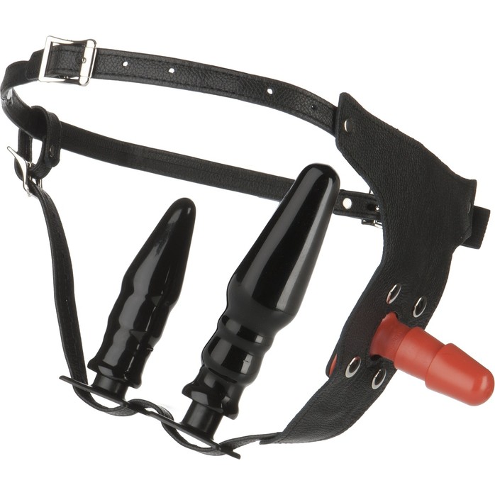 Женский страпон с двумя пробками Vac-U-Lock Set Leather Ultra Harness - 17,8 см - Vac-U-Lock. Фотография 2.