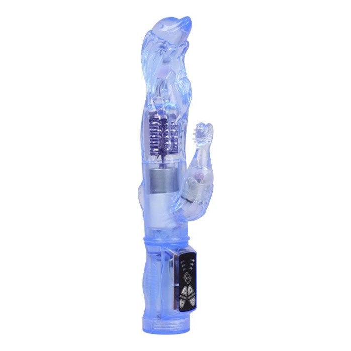 Ротатор голубого цвета с вибрацией и клиторальным стимулятором - 23 см
