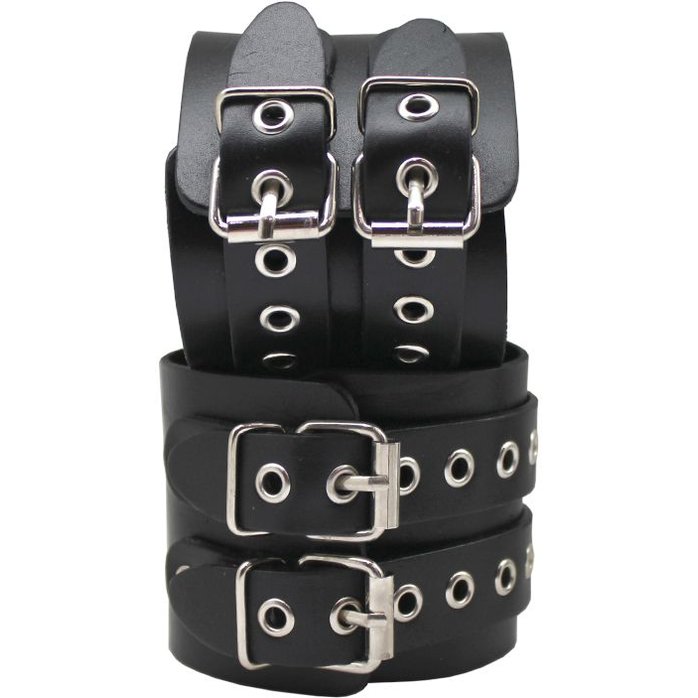 Широкие черные кожаные наручники без подкладки. Фотография 5.