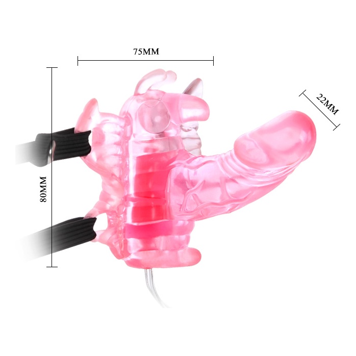 Розовая вибробабочка с фаллосом на регулируемых ремешках. Фотография 3.