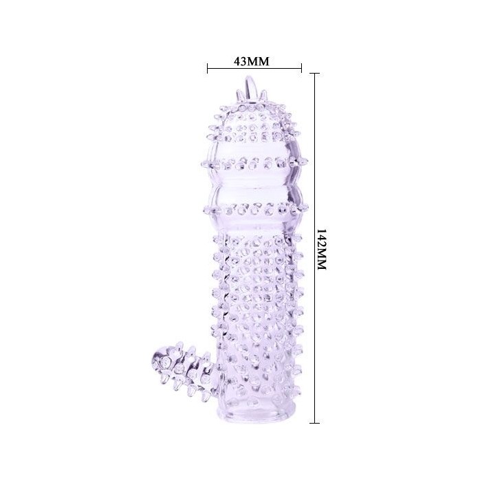 Фиолетовая насадка с закрытой головкой, шипами и отростком для стимуляции клитора - 14,2 см. Фотография 3.