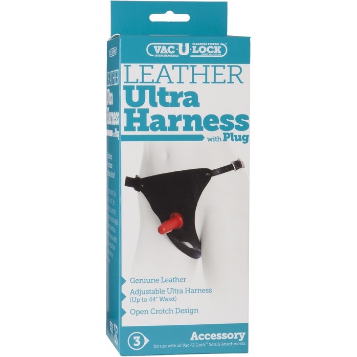 Кожаные трусики унисекс со штырьком для фиксации насадок Leather Ultra Harness with Plug - Vac-U-Lock. Фотография 3.