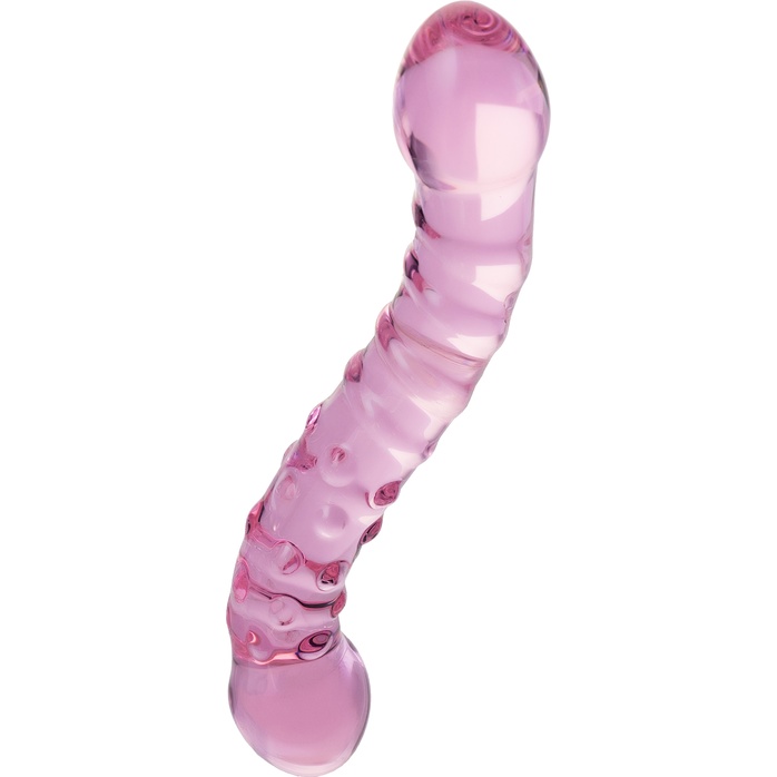 Двусторонний розовый фаллос с рёбрами и точками - 20,5 см - Sexus Glass. Фотография 4.