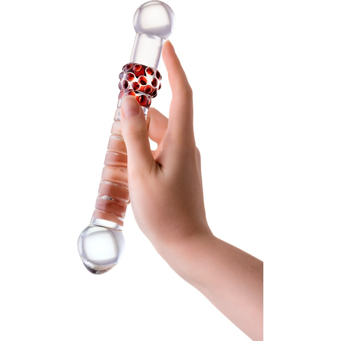 Стеклянный стимулятор с ручкой-шаром и цветными пупырышками - 22 см - Sexus Glass. Фотография 2.
