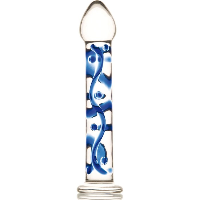 Стеклянный фаллос на подставке с голубым узором - 18 см - Sexus Glass