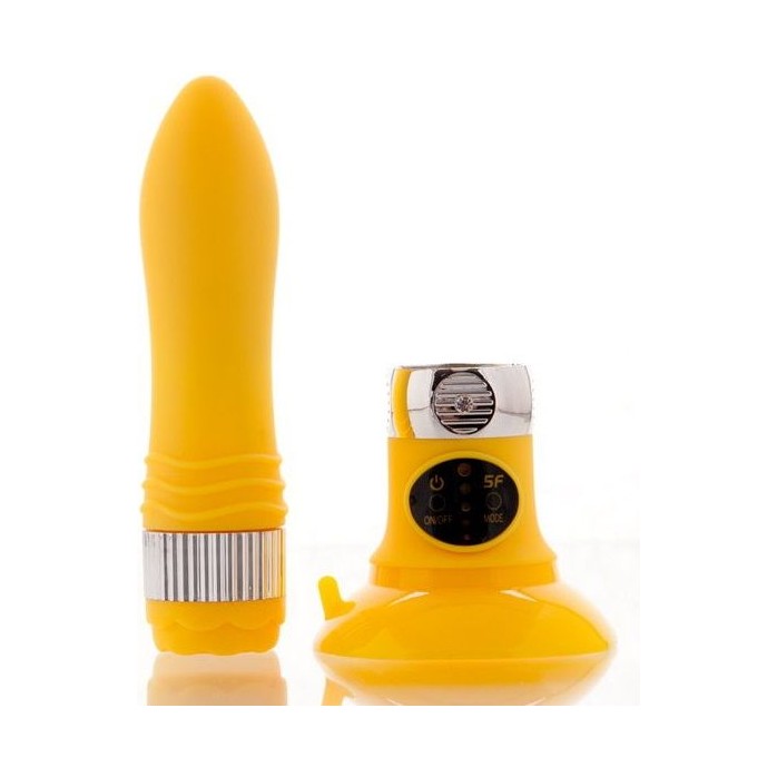 Желтый водонепроницаемый вибратор на присоске со сменной панелью управления - 19 см - Sexus Funny Five