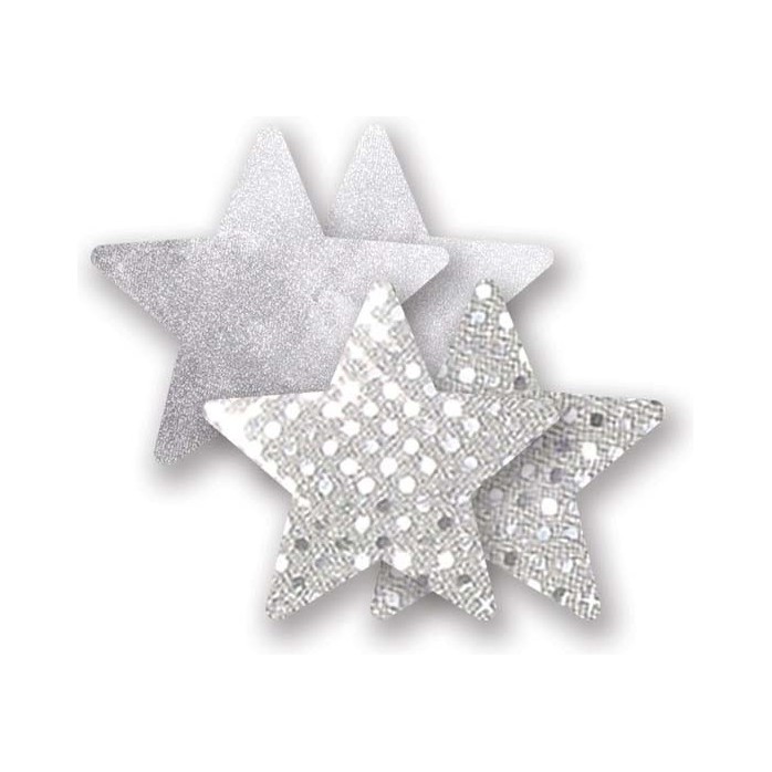Комплект из 1 пары серебристых пэстис-звездочек с блестками и 1 пары серебристых пэстис-звёздочек с