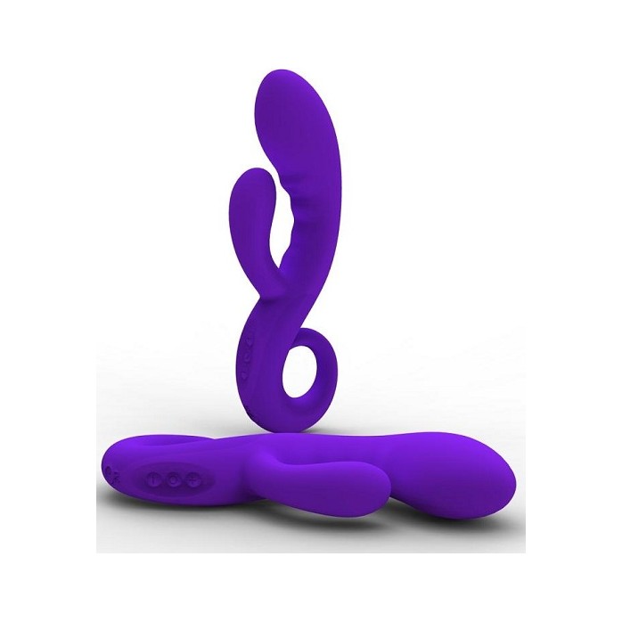 Фиолетовый рельефный вибромассажер для точки G с клиторальным стимулятором Cupid. Фотография 2.