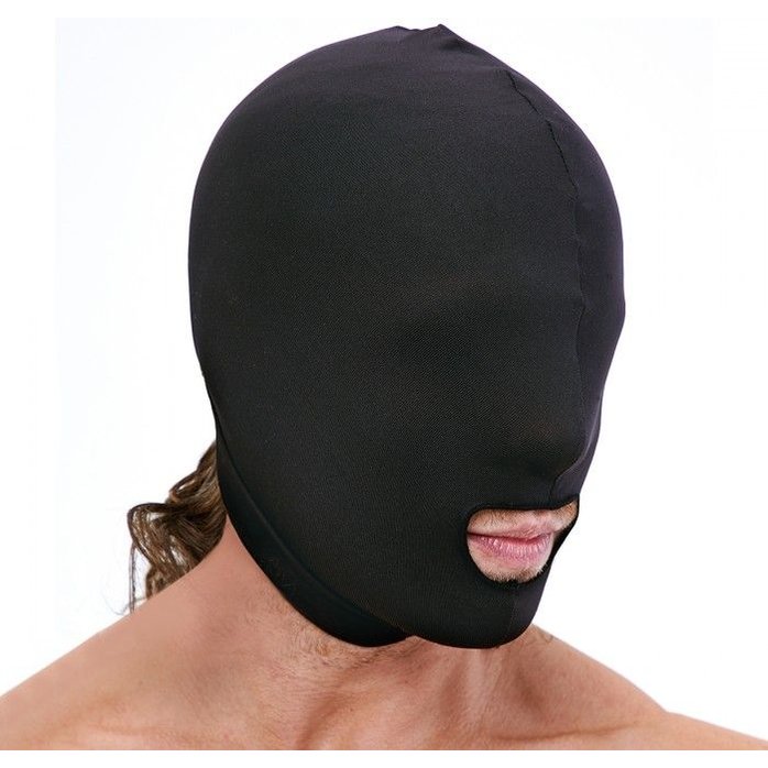 Черная эластичная маска на голову с прорезью для рта. Фотография 3.