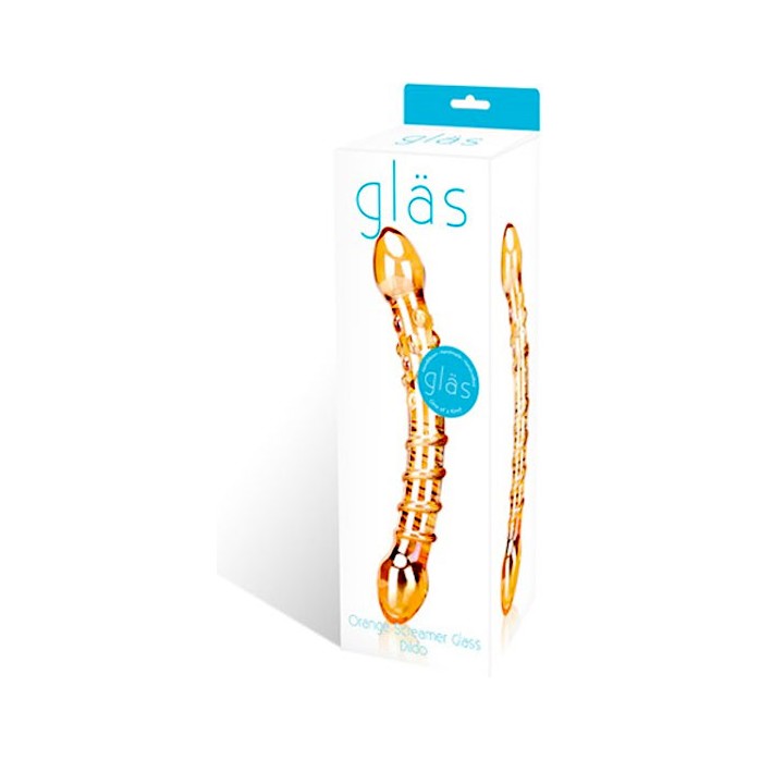 Изогнутый двухголовый фаллоимитатор медового цвета, 22,5. Фотография 2.