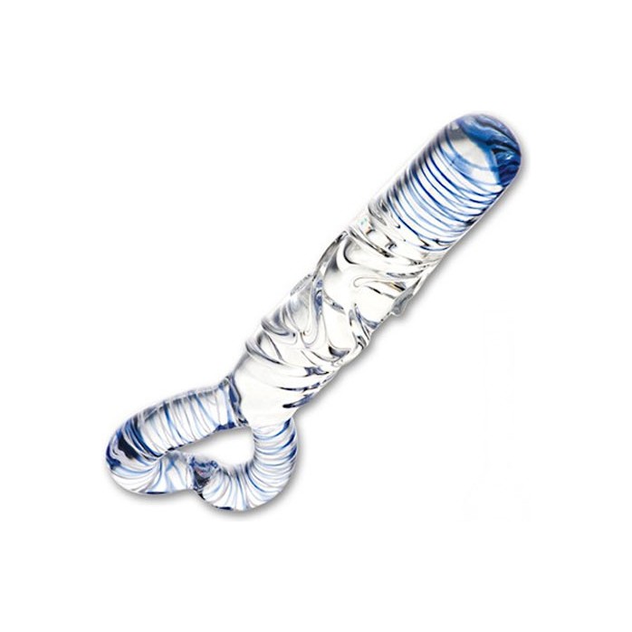 Стеклянный стимулятор с выпуклыми линиями на теле и рукоятью-сердцем - 13 см