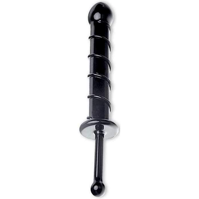Черный стеклянный фаллос с тонкой ручкой и выпуклой спиралью - 18,5 см