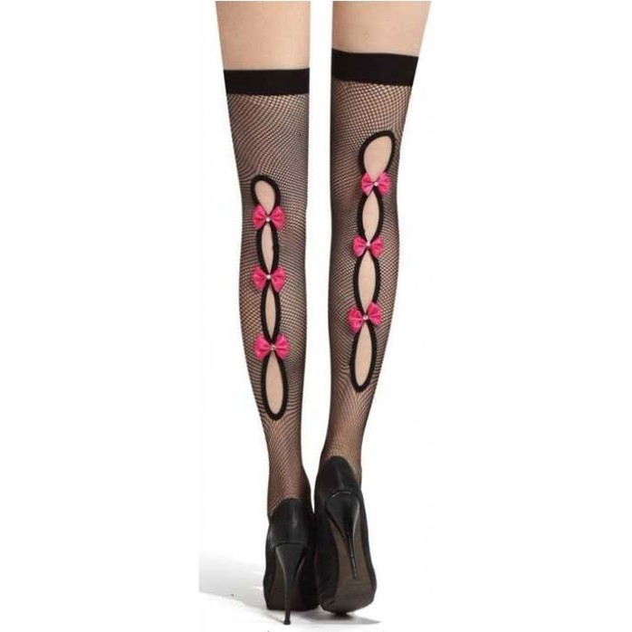 Черные чулки в сетку с бантами и разрезами