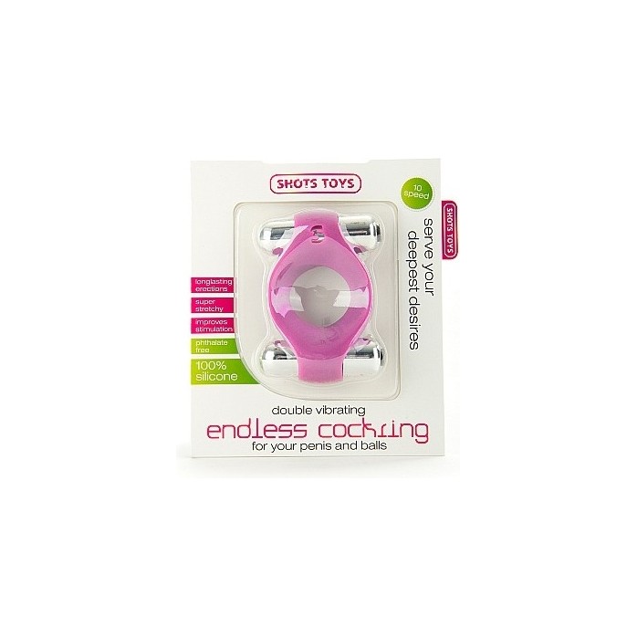 Розовое эрекционное кольцо Double Vibrating Endless Cockring с 2 вибропулями - Shots Toys. Фотография 2.