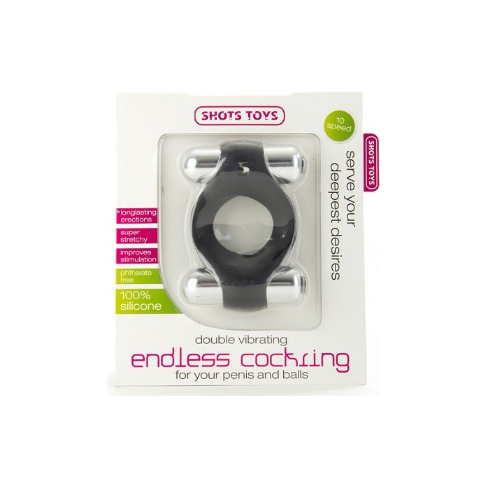 Чёрное эрекционное кольцо Double Vibrating Endless Cockring с вибрацией - Shots Toys. Фотография 2.