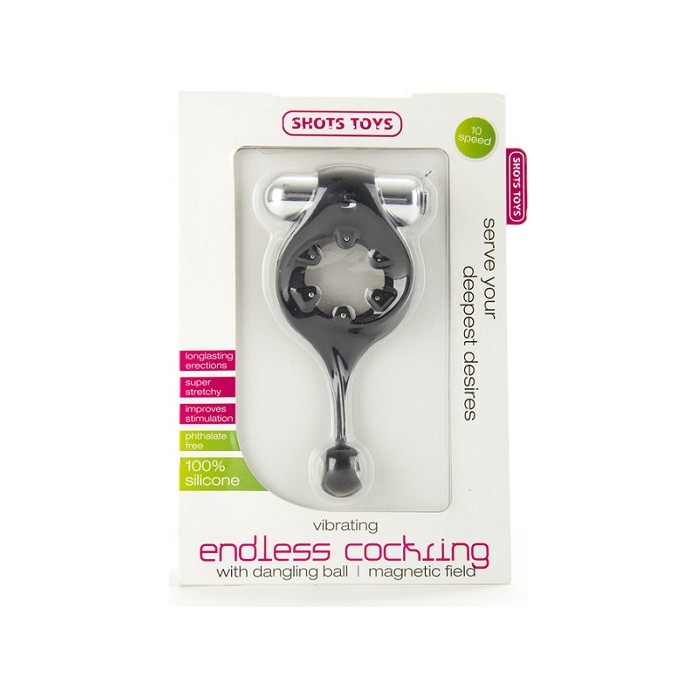 Чёрное эрекционное виброкольцо c шариком и магнитами Vibrating Endless Cockring Magnet - Shots Toys. Фотография 2.