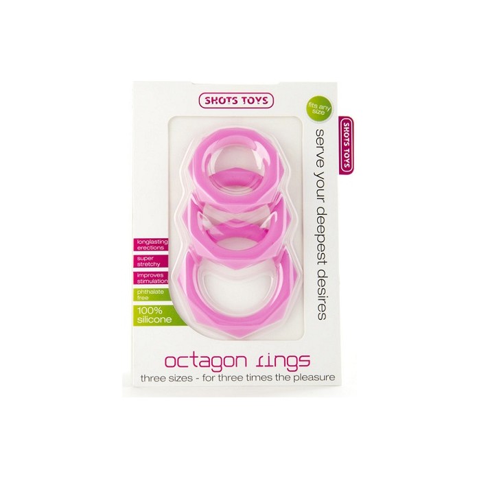 Набор розовых эрекционных колец Octagon Rings 3 sizes - Shots Toys. Фотография 2.