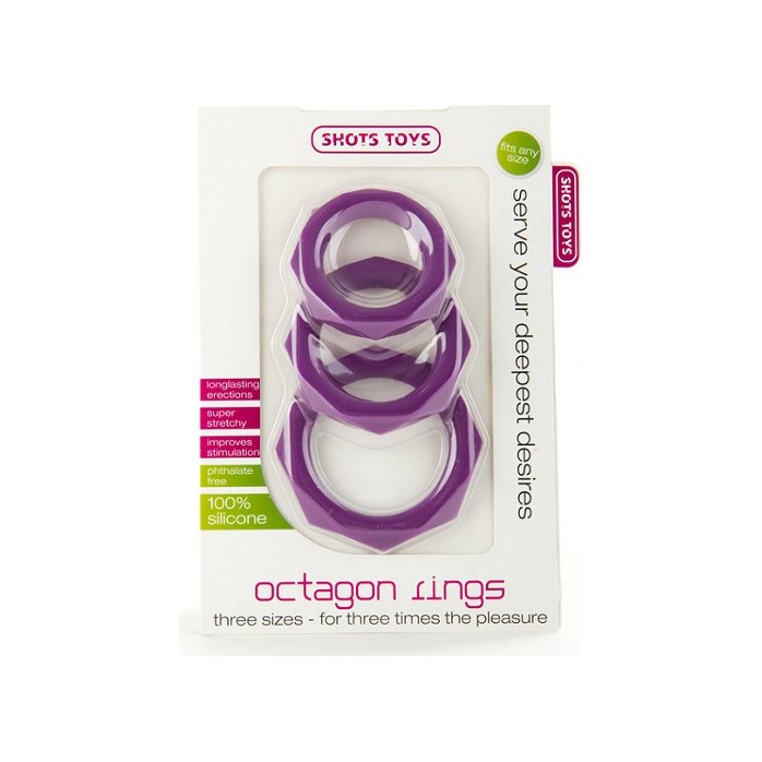 Набор из 3 фиолетовых эрекционных колец Octagon Rings 3 sizes - Shots Toys. Фотография 2.