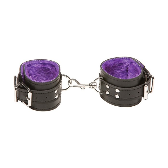 Чёрные кожаные наручники X-Play с фиолетовым мехом внутри - X-Play