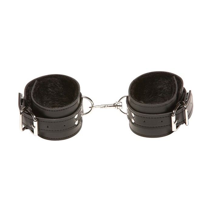Чёрные кожаные оковы X-Play с чёрным мехом внутри - X-Play