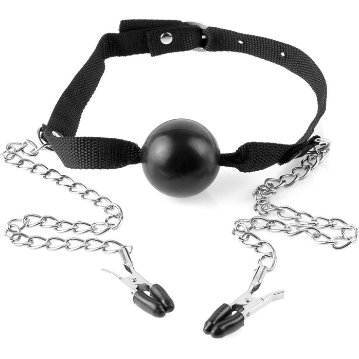 Черный кляп Ball Gag Nipple Clamps с зажимами на соски - Fetish Fantasy Series. Фотография 3.