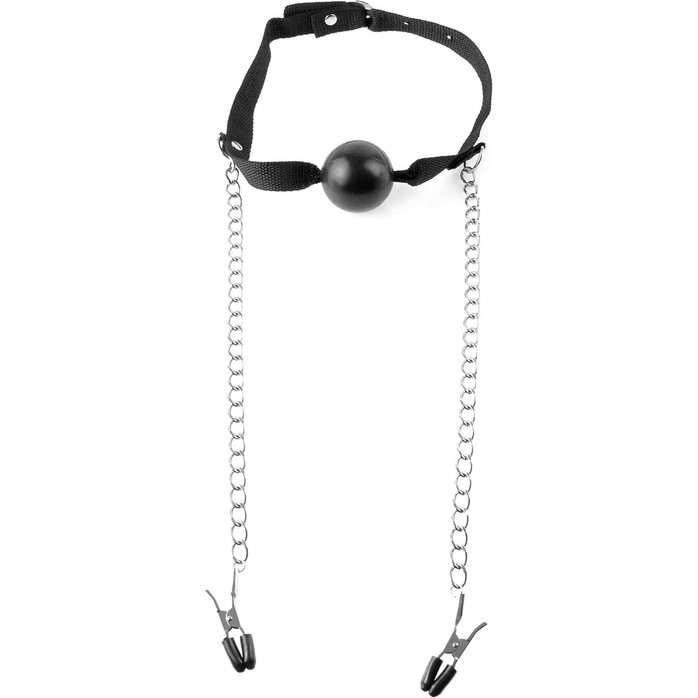 Черный кляп Ball Gag Nipple Clamps с зажимами на соски - Fetish Fantasy Series. Фотография 4.
