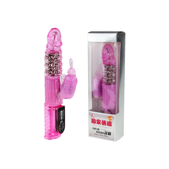 Розовый вибратор-ротатор с клиторальным стимулятором-бабочкой - 26,3 см