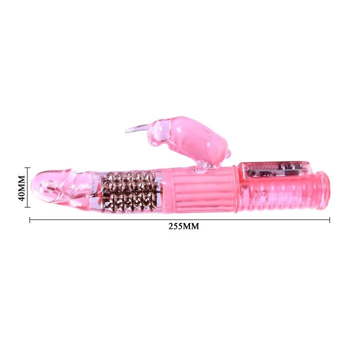 Розовый вибратор-ротатор с клиторальным зайчиком - 25,5 см.. Фотография 4.