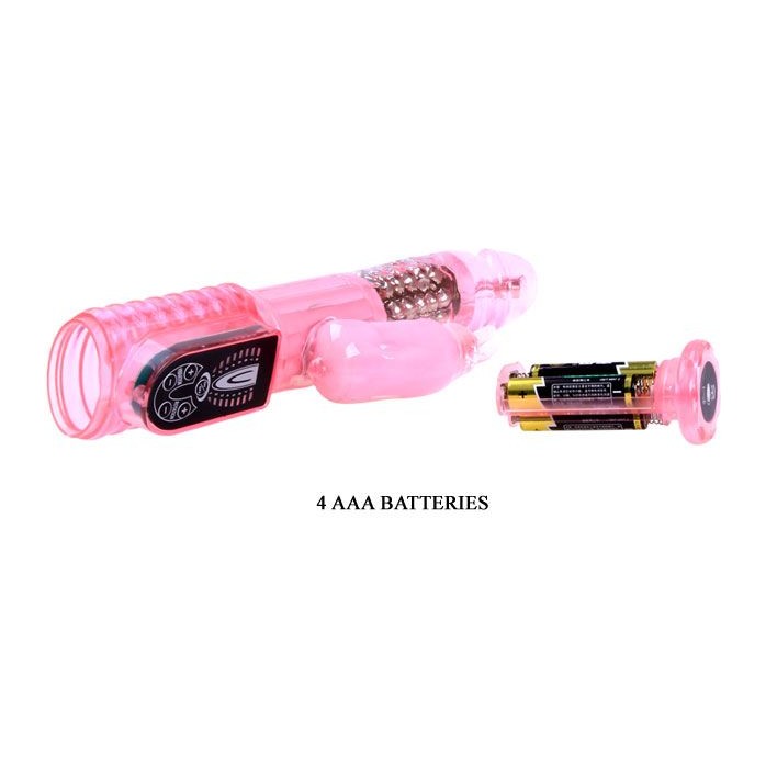 Розовый вибратор-ротатор с клиторальным зайчиком - 25,5 см.. Фотография 6.