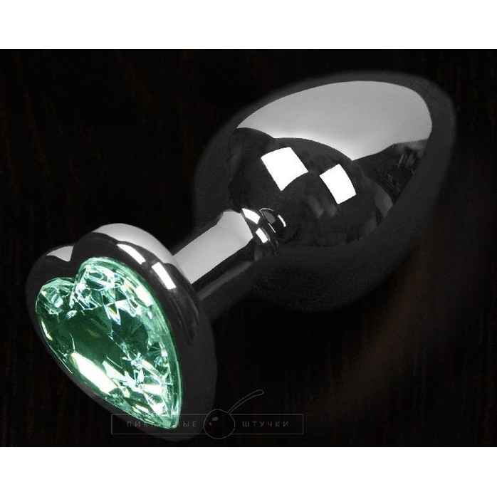 Графитовая анальная пробка с зеленым кристаллом в виде сердечка - 8,5 см