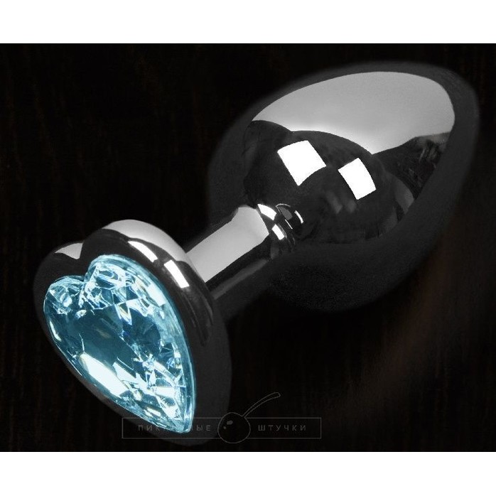 Графитовая анальная пробка с голубым кристаллом в виде сердечка - 6 см