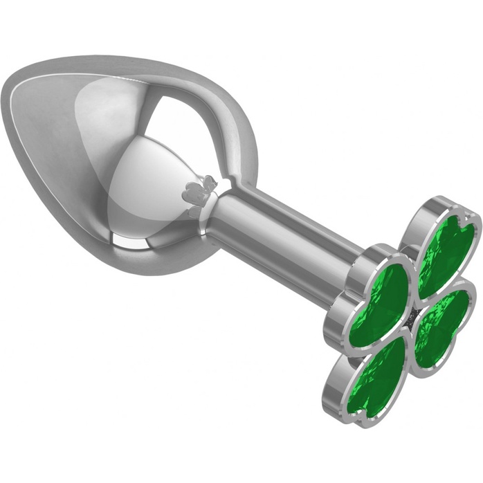 Серебристая анальная пробка-клевер с зеленым кристаллом - 9,5 см - Анальные втулки с кристаллом. Фотография 2.