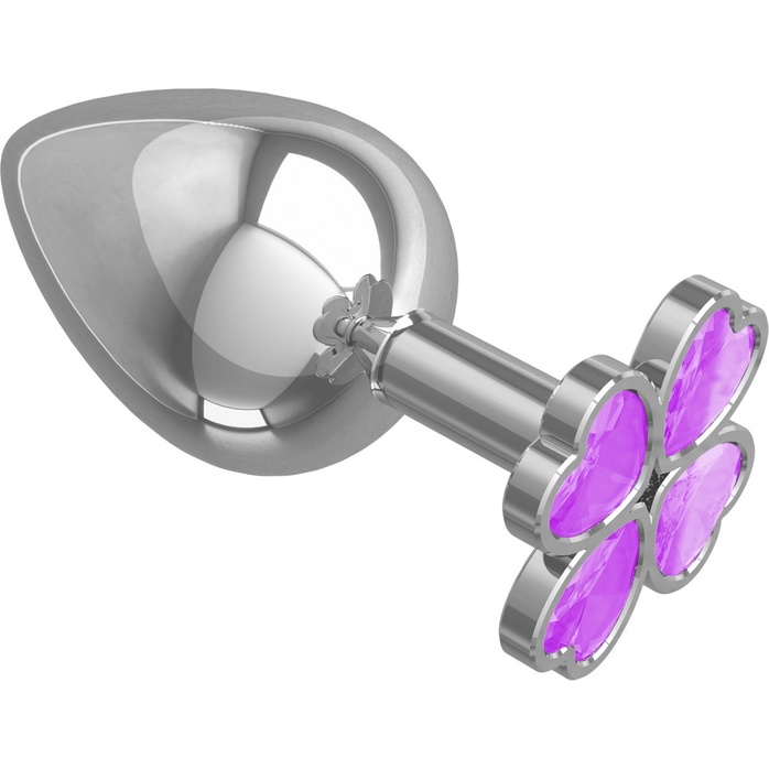 Серебристая анальная пробка-клевер с сиреневым кристаллом - 9,5 см - Анальные втулки с кристаллом. Фотография 2.