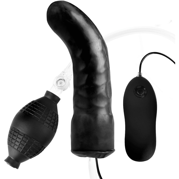 Чёрный изогнутый фаллос с вибрацией и расширением - 16 см