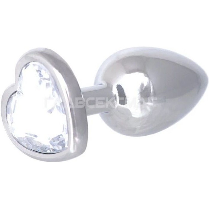Серебристая анальная пробка с прозрачным кристаллом-сердцем - 7 см.